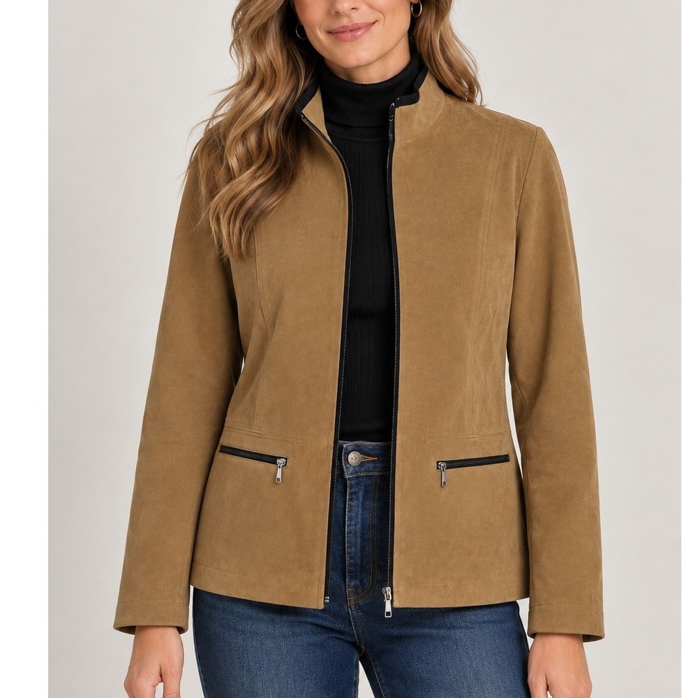 JM Collection Funnel Neck Zip Jacket Tan Faux Suede Equestrian Minimalist Y2K 12